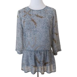 Petticoat Alley Floral Paisley Green Blue White Sheer Peplum Blouse